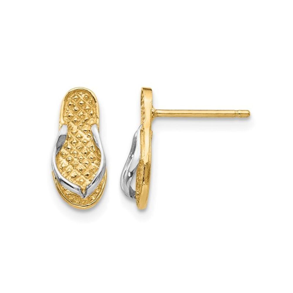 14K Yellow Gold Rhodium Plated Flip-Flop Charm Post Earrings